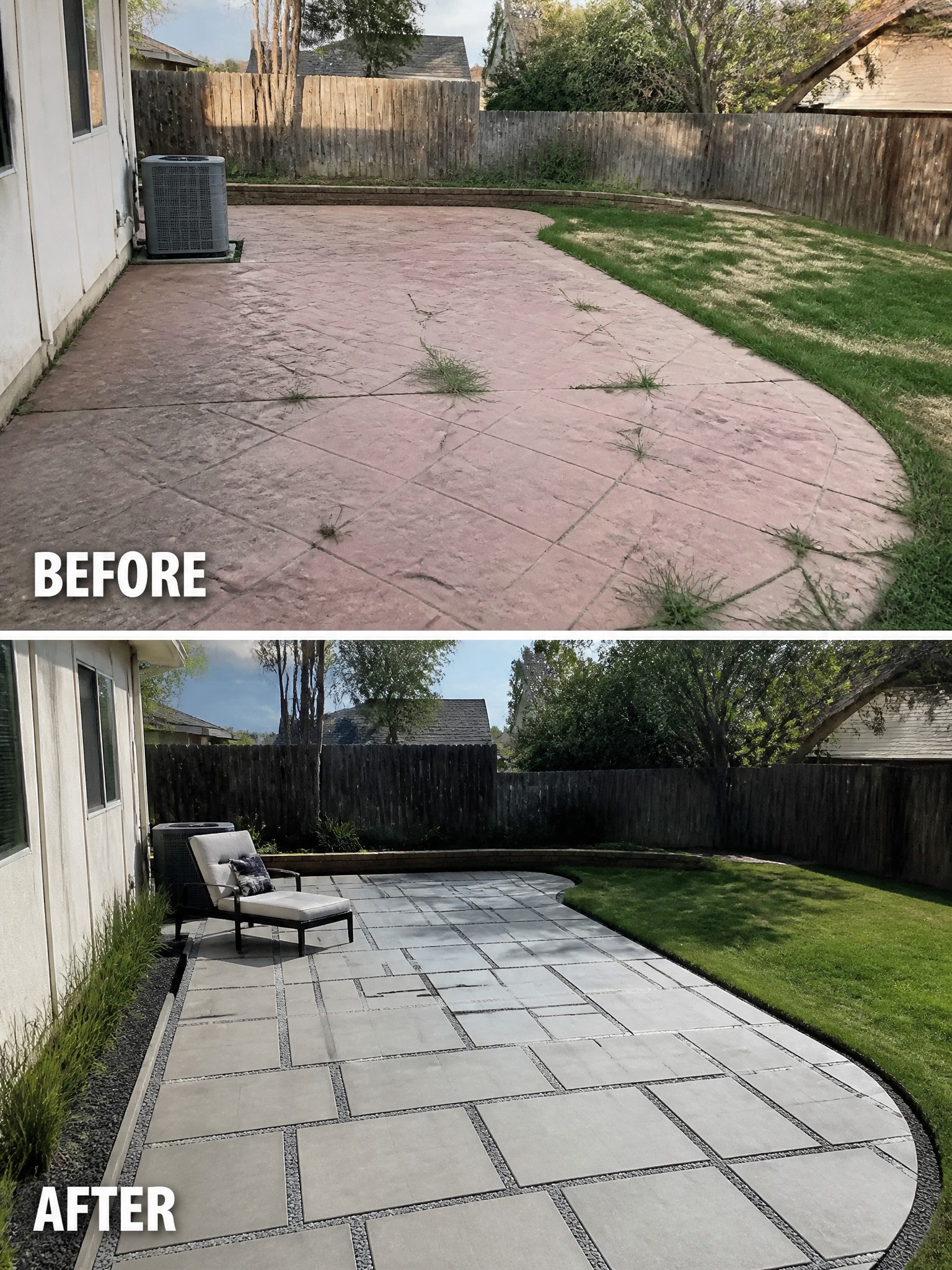Side-by-side comparison of a patio before (overgrown) and after (refurbished, modern design).