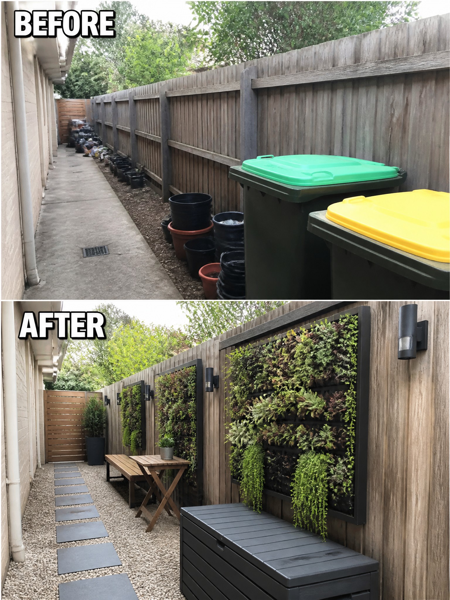 Side yard transformation from cluttered space with pots to a sleek, green wall garden.