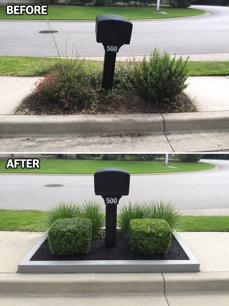 Before and after of mailbox with wild plants replaced by neat shrubs and mulch bed