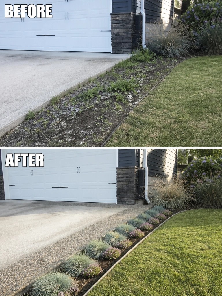 Before-and-after image of an overgrown strip beside a driveway and garage changed into a neat planted garden border with edging.