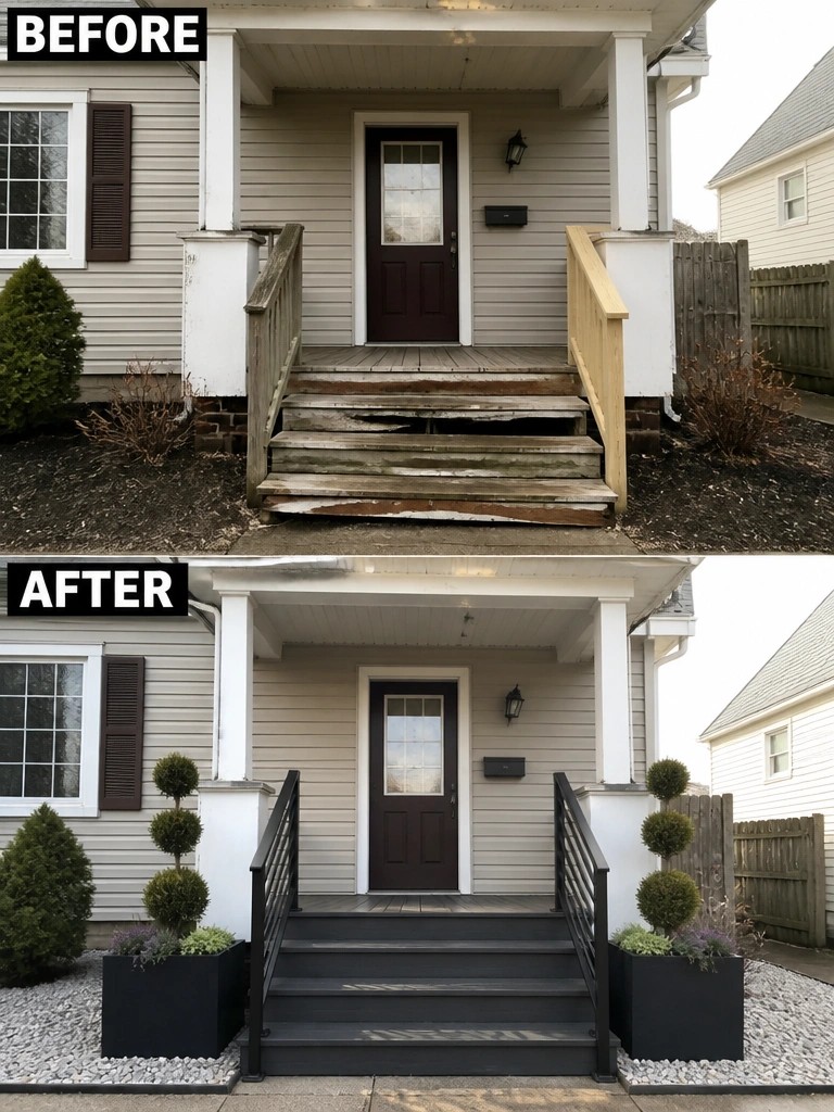 Before-and-after image of a front entry where old wooden stairs and railings were replaced with dark modern stairs and black metal railings, plus matching black planters added on both sides.