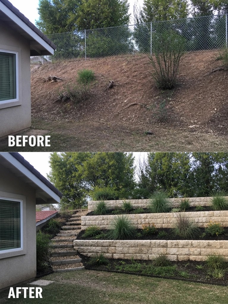 Before-and-after image of a bare sloped yard next to a house changed into terraced stone retaining walls with planted garden beds and steps.