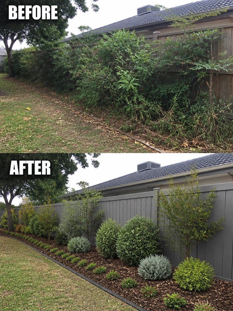 Before-and-after image of an overgrown garden bed along a fence changed into a neat landscaped border with mulch and structured shrubs.