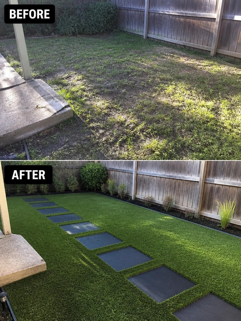 Before-and-after image of an overgrown backyard changed into a clean lawn with a stepping stone path and border plantings.