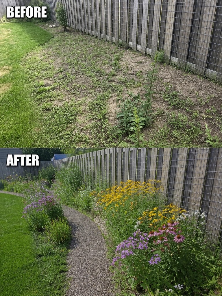 Before-and-after image of an overgrown dirt strip along a fence changed into a landscaped border with a gravel path and colorful flower beds.