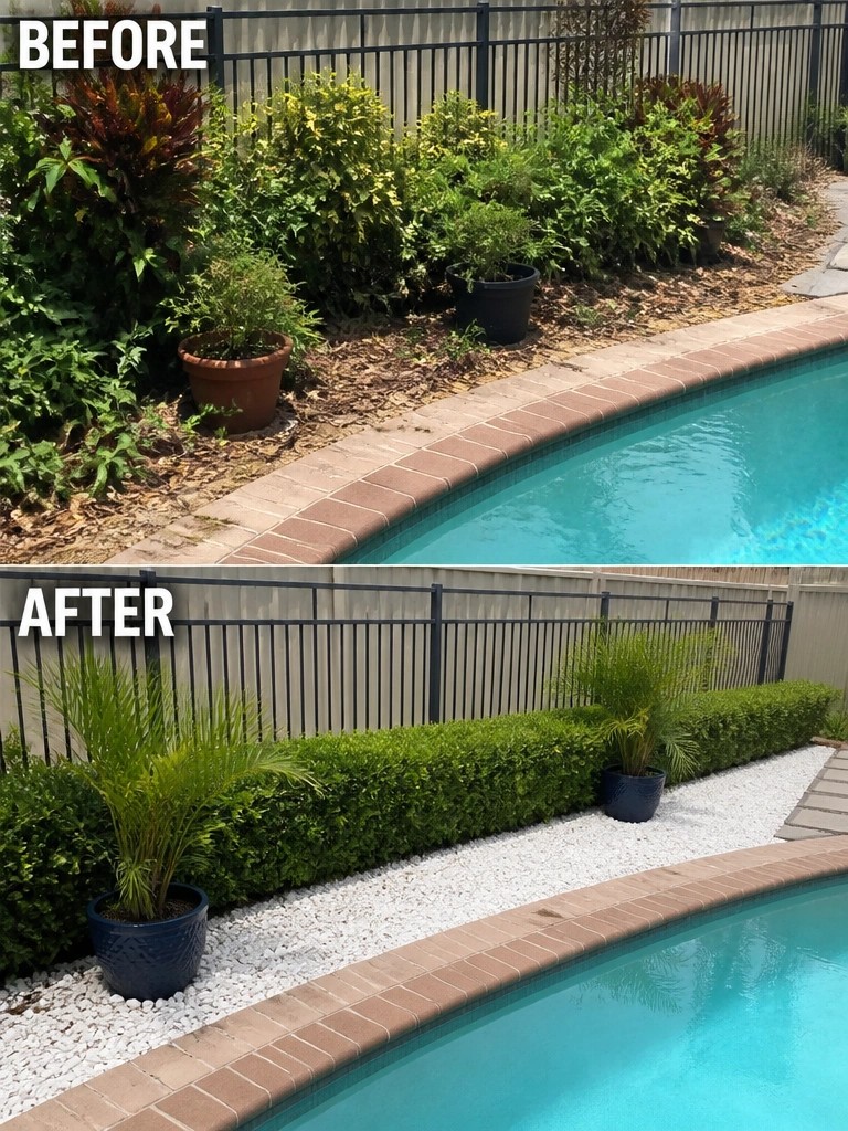 Before-and-after image of an overgrown poolside garden bed changed into a clean area with a low hedge, white gravel, and a few potted palms.