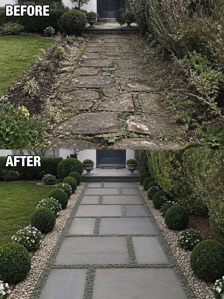 Before messy overgrown path after manicured stone walkway with trimmed shrubs and gravel borders