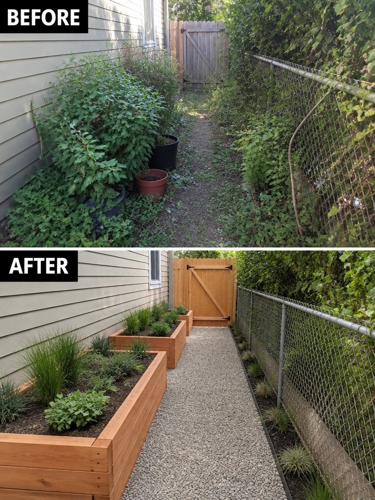 Before overgrown side yard and after with raised wooden beds along gravel path.