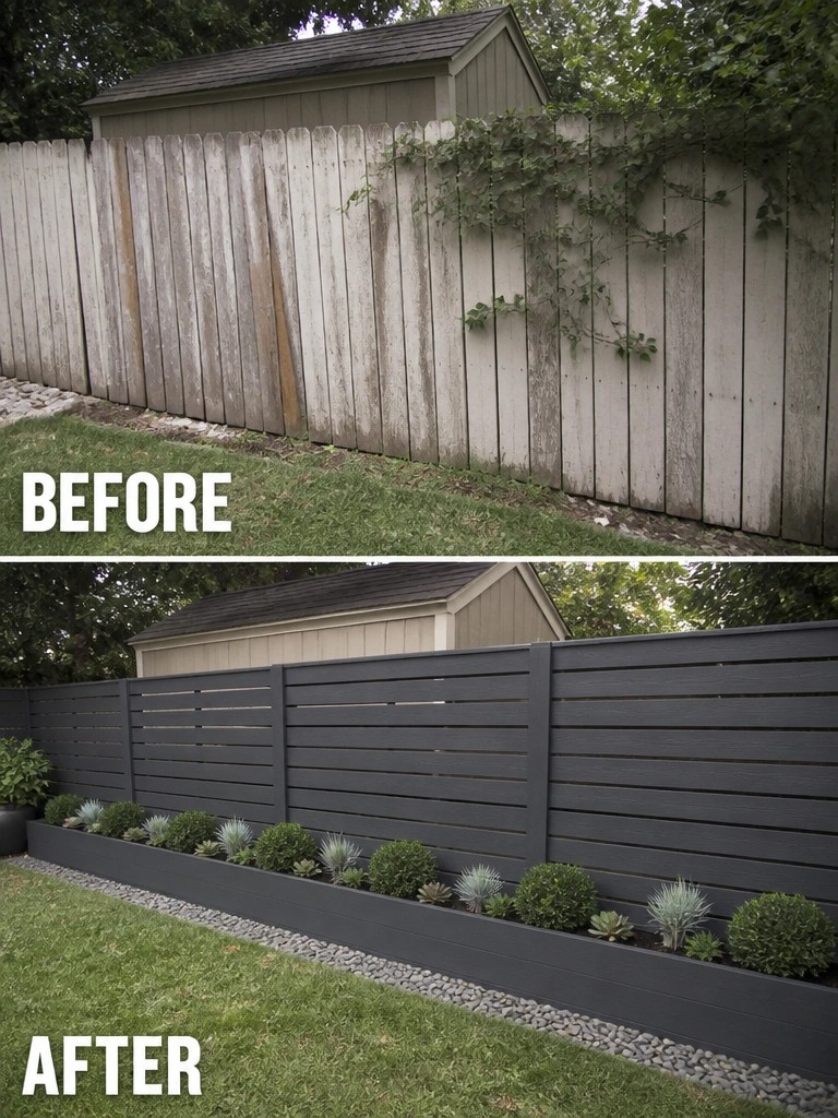 Before-and-after image of a weathered wooden fence changed into a modern dark horizontal fence with a long built-in planter bed and gravel edging.
