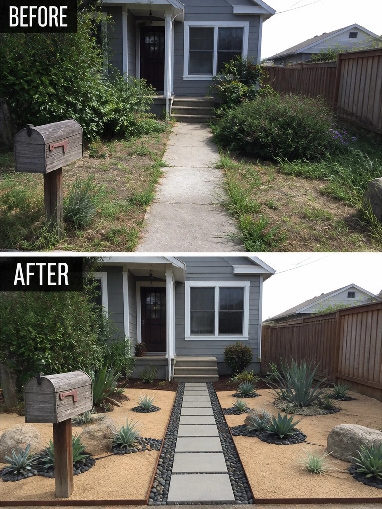 Before-and-after image of an overgrown front yard changed into a clean gravel landscape with rock-edged plant beds and a straight paver path.