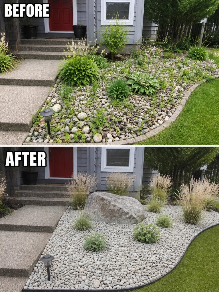 Before-and-after image of an overgrown garden bed beside house steps changed into a clean white gravel bed with ornamental grasses and a large central rock.