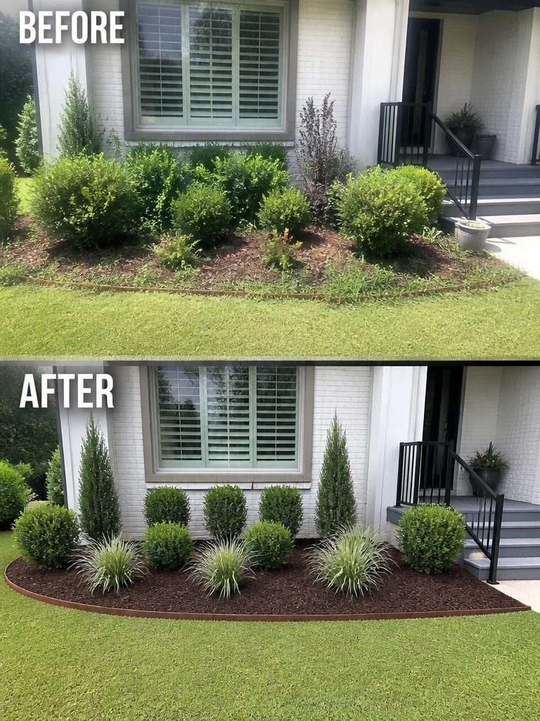 Before and after landscaping with tidy shrubs and mulch at white house