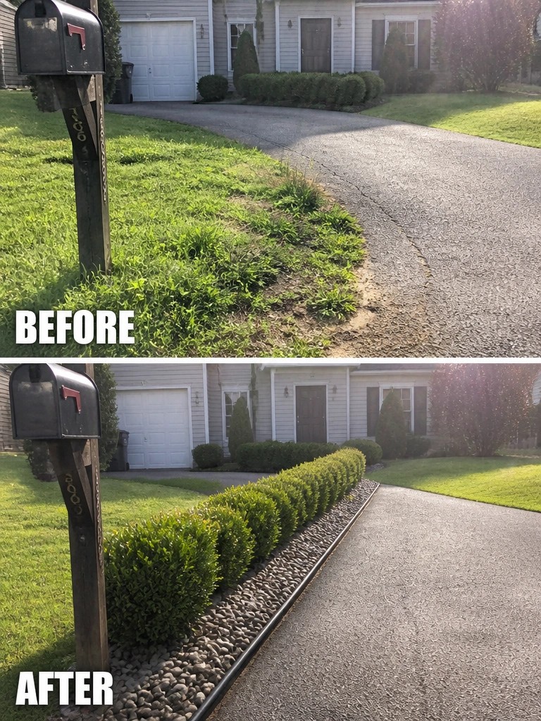 Before-and-after image of an overgrown grass edge along a driveway changed into a straight border of shrubs and gravel.