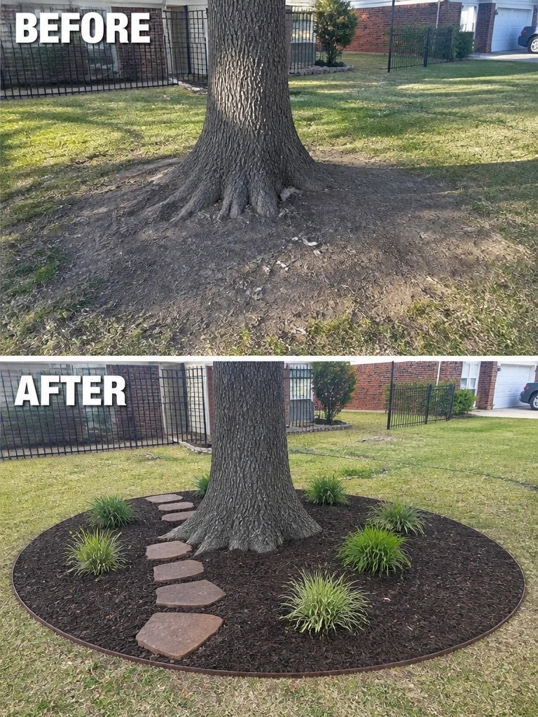 Before and after of tree with added mulch circle, stepping stones, and grasses