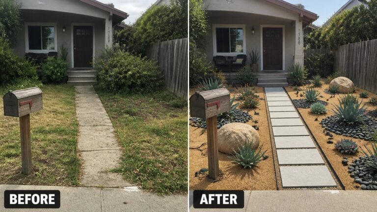 19 Modern Landscaping Remodel Ideas for A Cleaner Outdoor Look Before-and-after image of an overgrown front yard changed into a clean gravel landscape with rock-edged plant beds and a straight paver path.