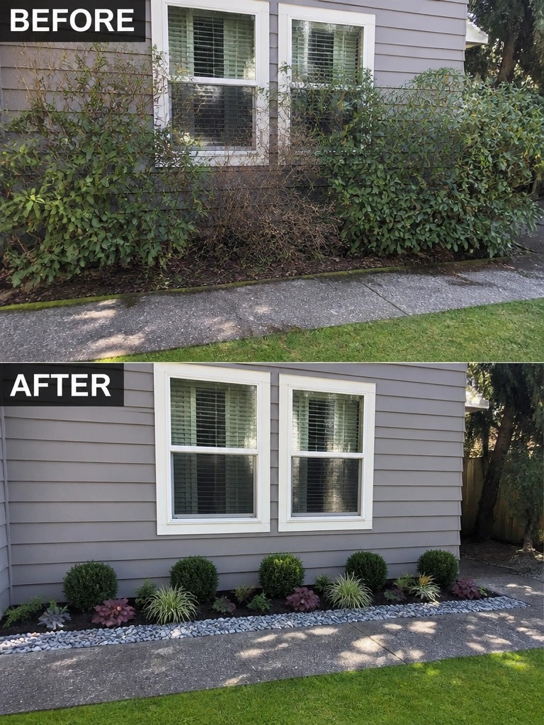 Before-and-after of gray house with overgrown bushes replaced by tidy shrubs and rocks.