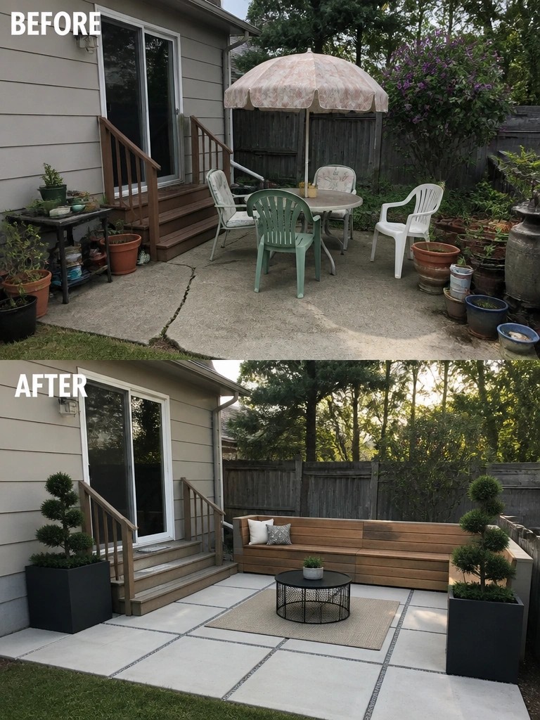 Before messy patio and after modern deck with bench, tiles and planters