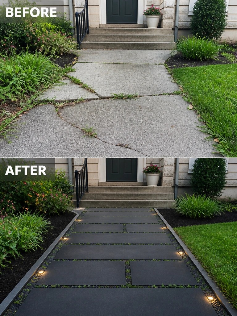 Before-and-after image of a cracked concrete front walkway replaced with dark pavers and gravel borders.