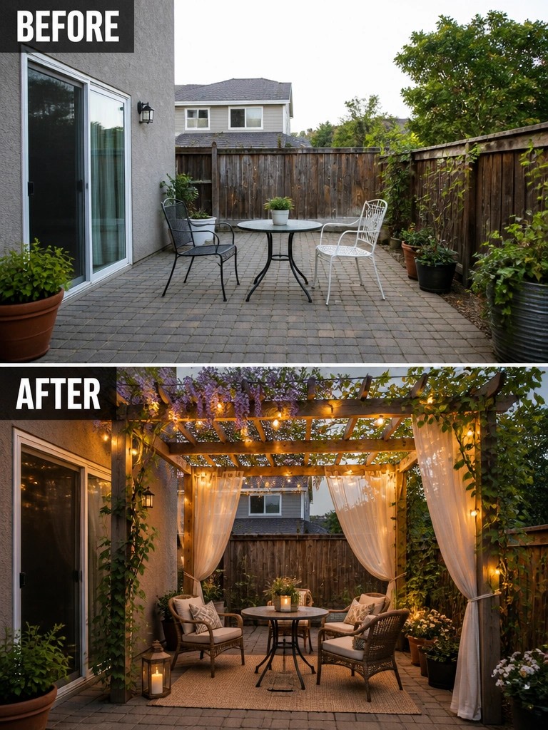 Before and after patio with pergola, string lights, curtains, and wicker seating.
