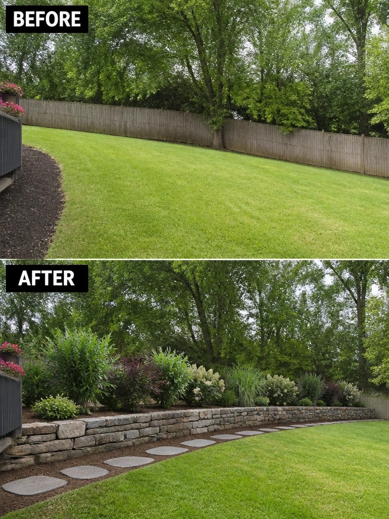 Before and after sloped lawn transformed with stone retaining wall, path, and landscaping.