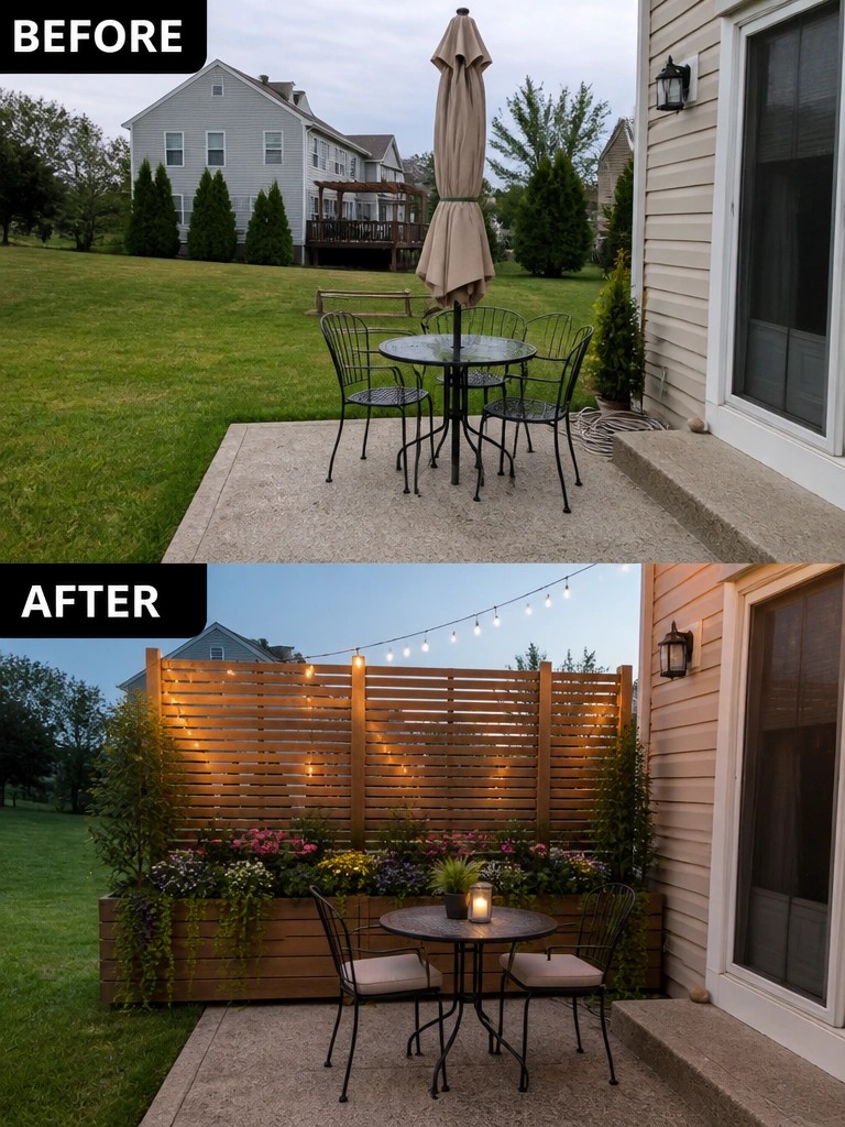 Before-and-after image of a patio seating area transformed by adding a wooden slatted privacy screen with built-in planters and string lights.