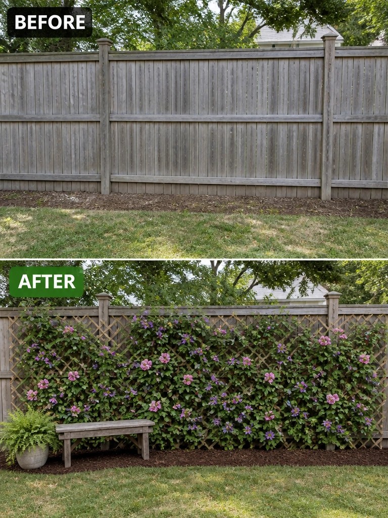 Before-and-after fence transformed by purple flowering vines, lattice, and bench