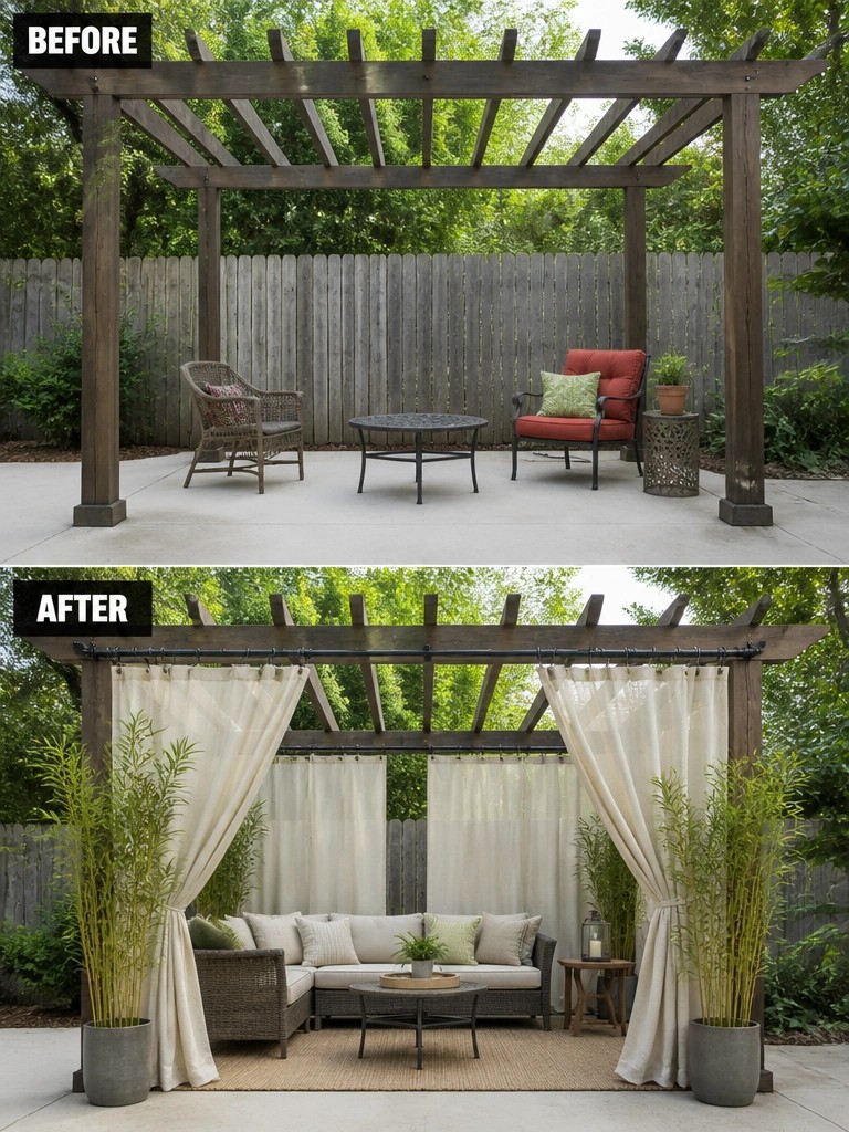 Before-and-after image of an open pergola transformed into a private seating area with added curtains, furniture, and potted plants.