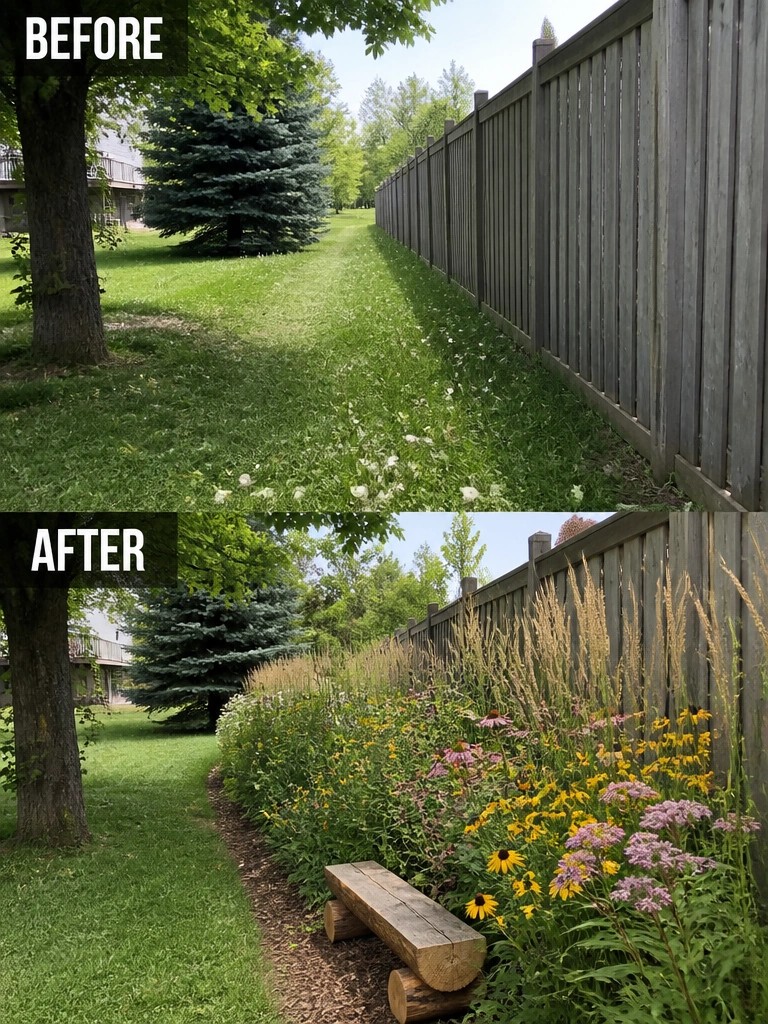 Before and after of grassy yard transformed into vibrant flower garden with bench