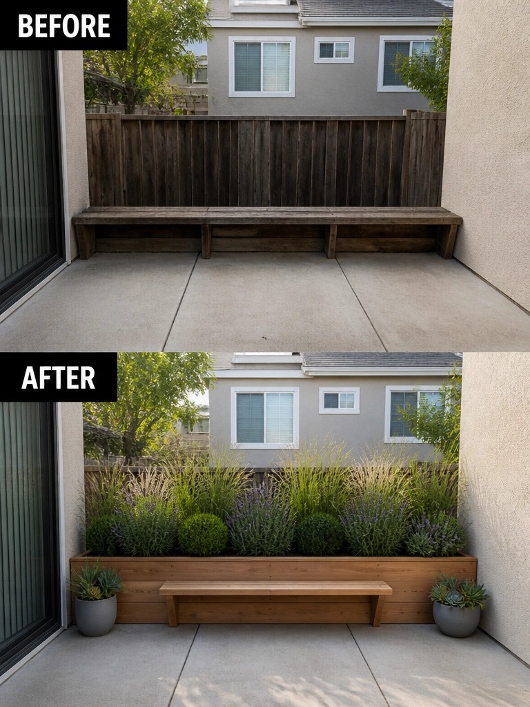 Before-and-after patio with wooden bench, planter box, and lush greenery.