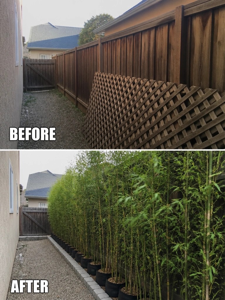Before-and-after view of wooden fence lined with potted bamboo plants along gravel path.