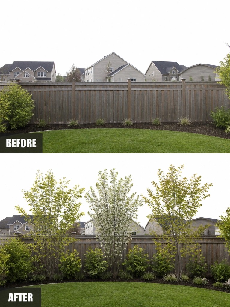 Before and after backyard fence with added trees and landscaping shrubs