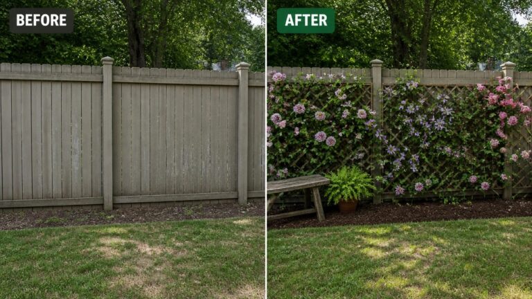 19 Simple Backyard Privacy Makeover Ideas That Feel Natural Before-and-after fence transformed by purple flowering vines, lattice, and bench