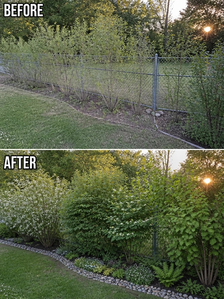 Before-and-after image of a chain link fence area changed from sparse bushes to a dense layered planting border with rock edging.