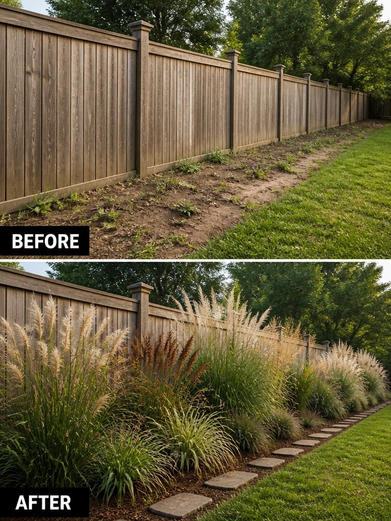 Before-and-after image of a bare fence line with dirt and weeds changed by adding tall ornamental grasses and stepping stones along the border.