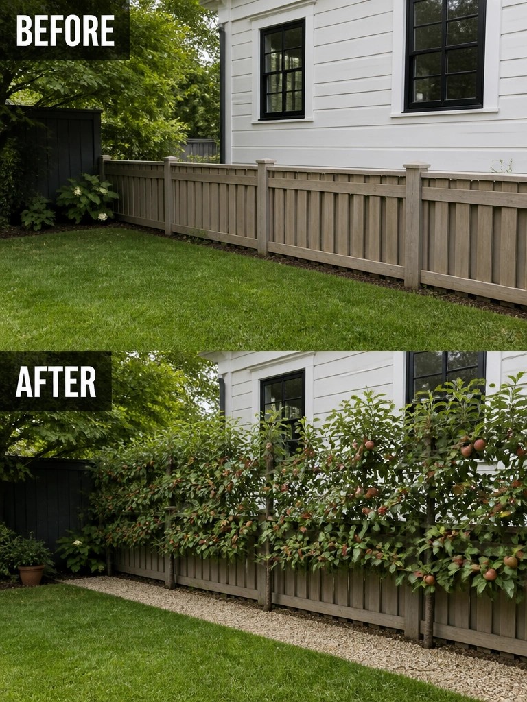Before-and-after backyard fence lined with fruiting espalier apple trees.