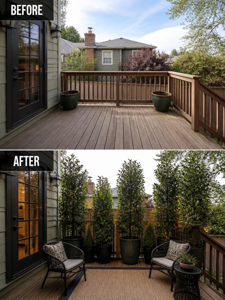 Before and after of wooden deck with added potted trees, chairs, rug and lights.