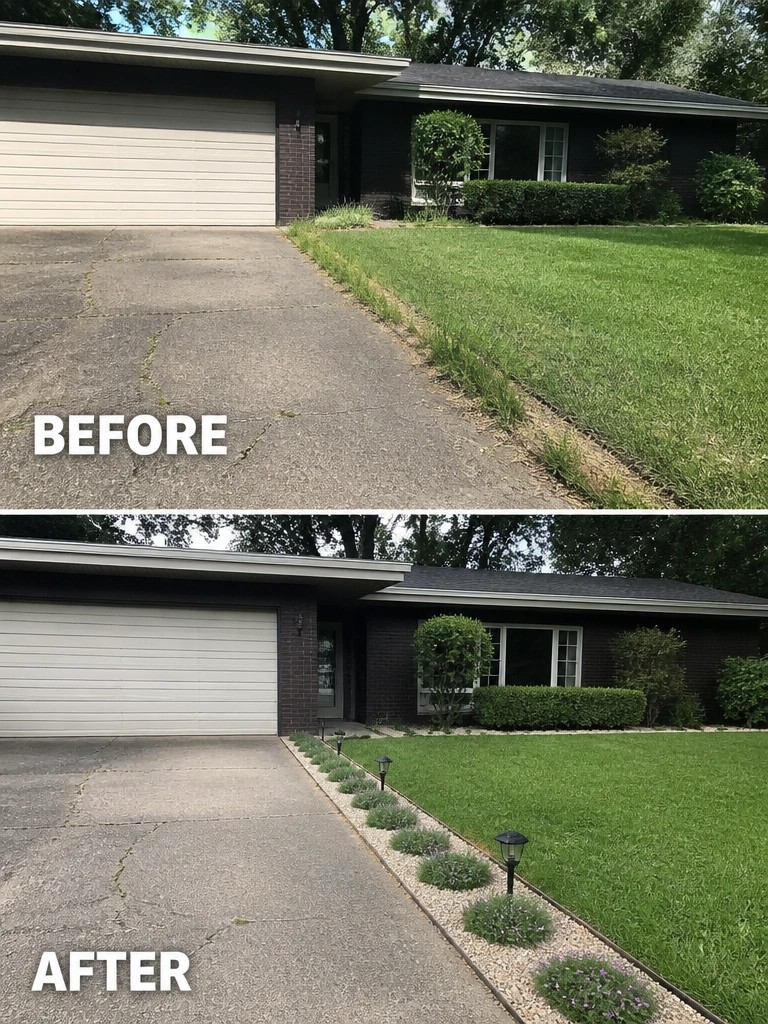 Before and after of brick house driveway with added gravel border, plants and lights.