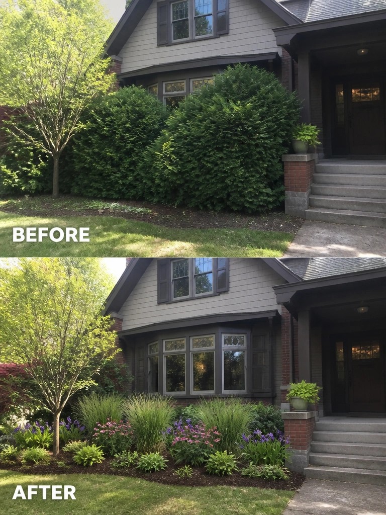 Before and after house landscaping with overgrown shrubs replaced by colorful garden plants.