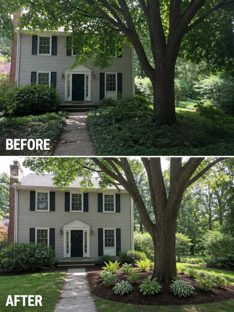Two-story gray house before and after front yard landscaping with tree and pathway.
