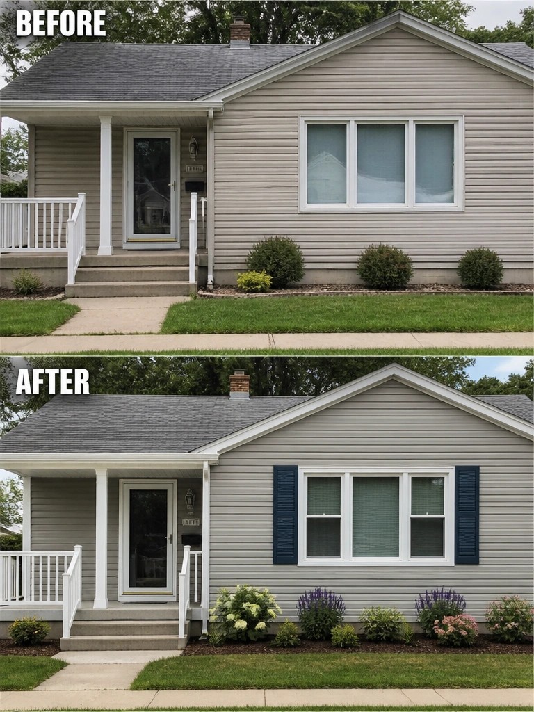 House exterior before and after adding navy shutters and colorful flower beds.