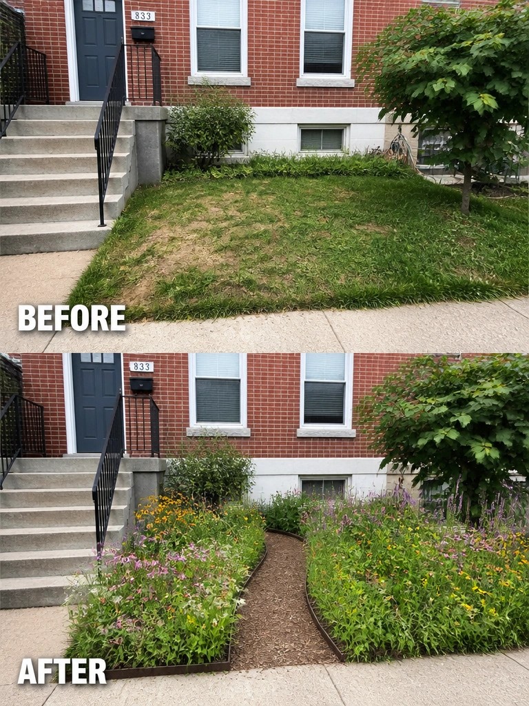 Before-and-after image of a patchy front lawn changed into defined garden beds with flowers, mulch, and a gravel path.