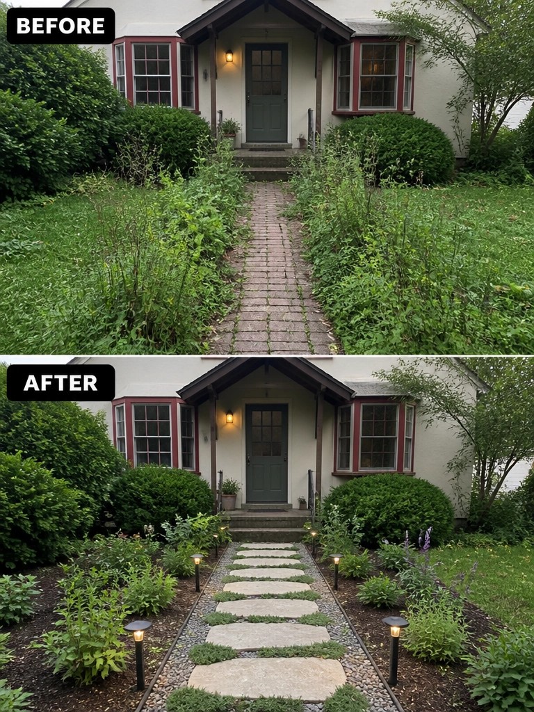 Before and after of overgrown yard transformed into landscaped stone pathway with lights