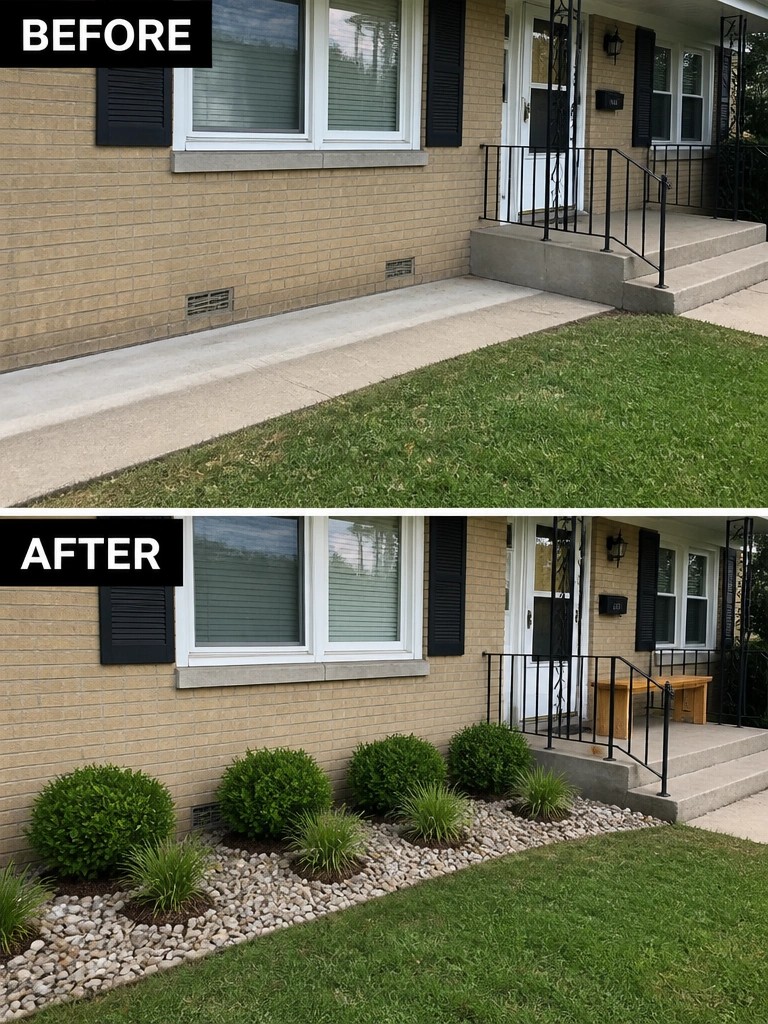 Before and after brick house with added shrubs, grasses, and gravel bed.