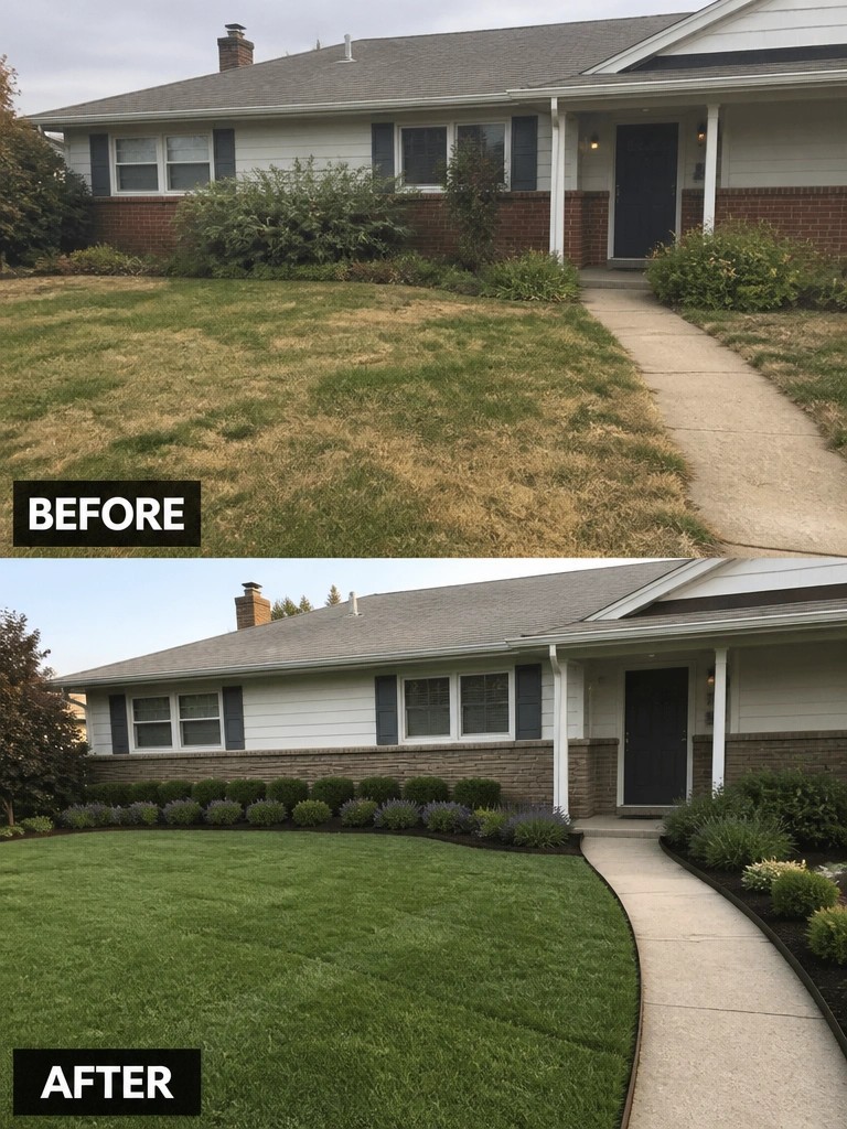 Before and after of house with patchy lawn transformed into lush green yard.