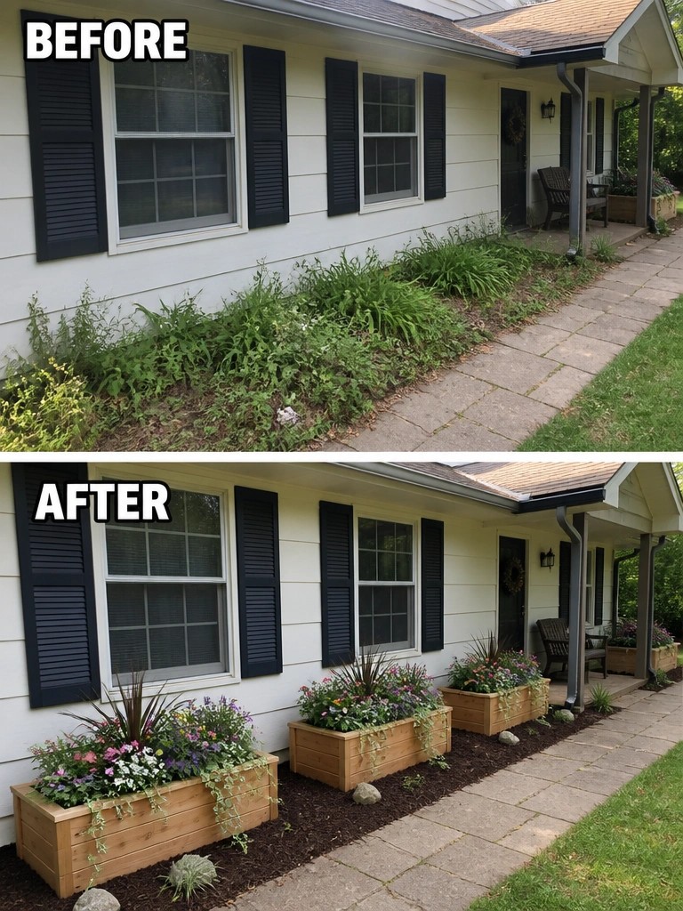Before-and-after image of an overgrown front garden bed changed into neat raised wooden planters with flowers and mulch.