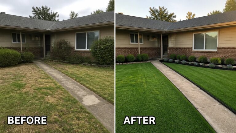 19 Simple Front Yard Remodel Ideas for Older Homes Before and after of house with patchy lawn transformed into lush green yard.
