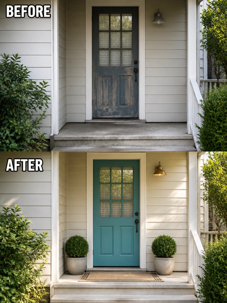 Before and after of a weathered blue door repainted teal with added planters.