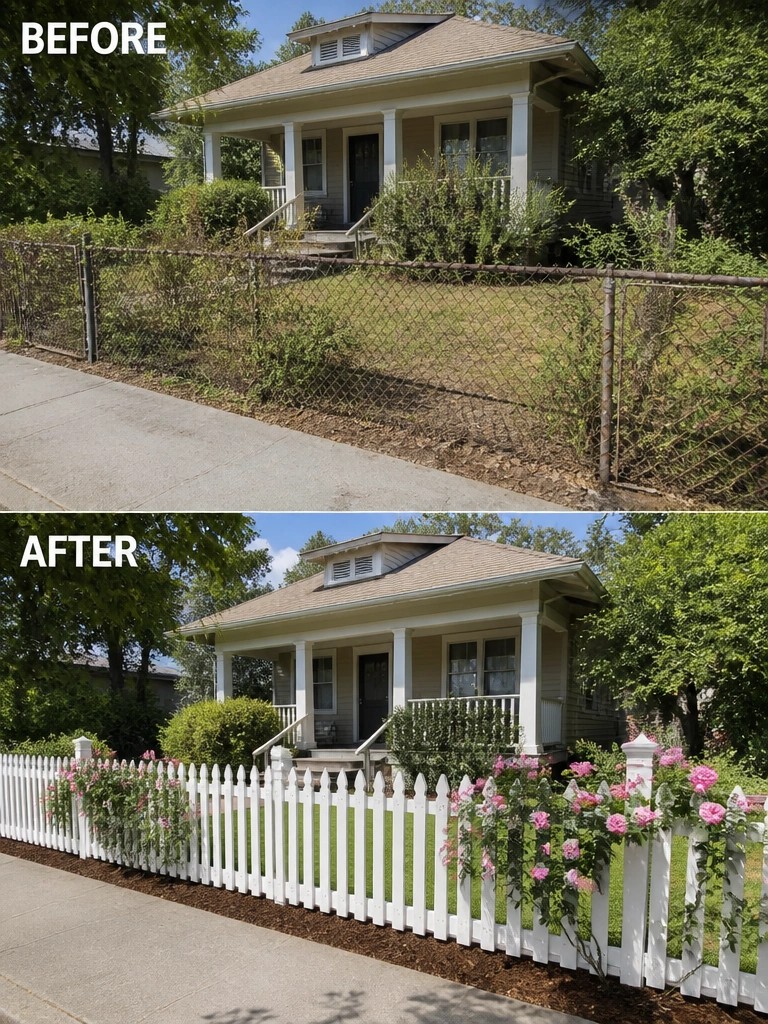 Before-and-after image of an older home front yard changed from an overgrown lawn with a chain-link fence to a clean lawn with a white picket fence and pink flowers along the border.