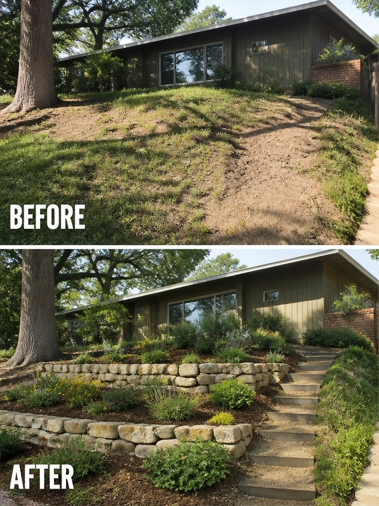 Before bare slope, after terraced stone walls with plants and stairs to green house