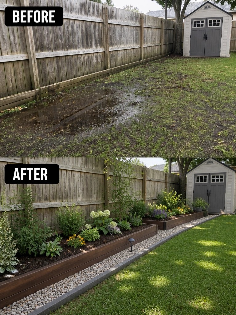 Before-and-after image of a muddy backyard area changed into a row of raised garden beds with plants and a gravel border along the fence.